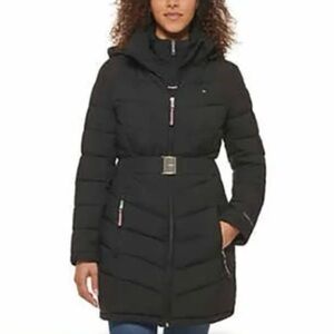 Tommy Hilfiger Women's Black Belted Puffer jacket/Coat size small New with tag